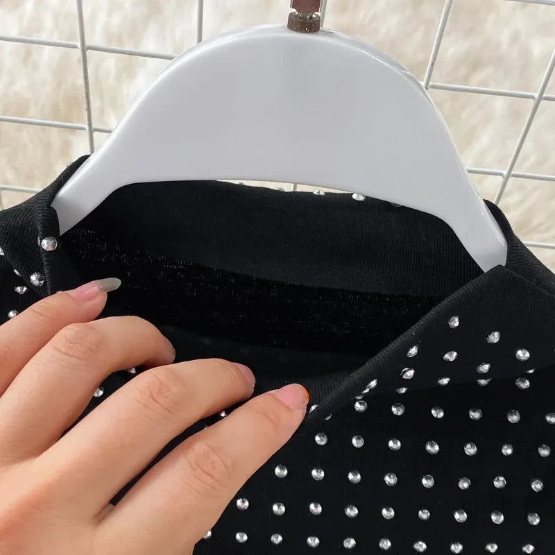 Sexy Black Diamond Two Piece Set Women Sleeveless Crop Top and High Waist Split Skirt Party Clubwear