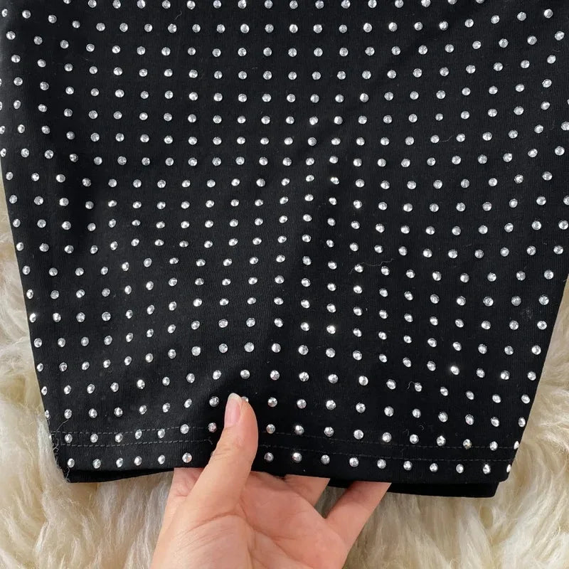 Sexy Black Diamond Two Piece Set Women Sleeveless Crop Top and High Waist Split Skirt Party Clubwear