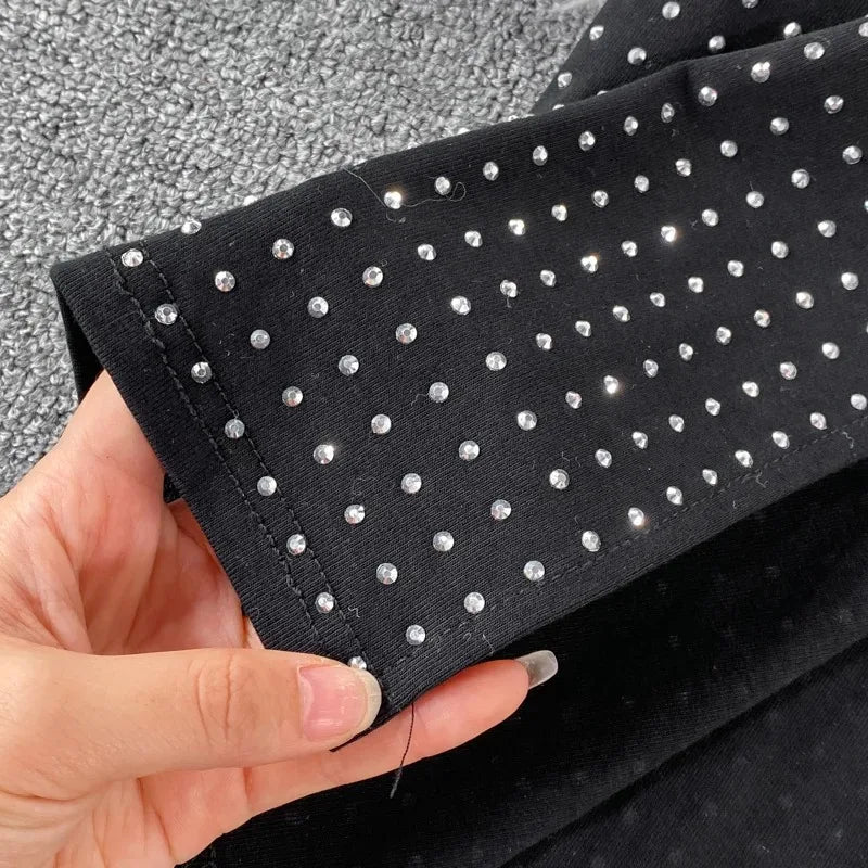 Sexy Black Diamond Two Piece Set Women Sleeveless Crop Top and High Waist Split Skirt Party Clubwear