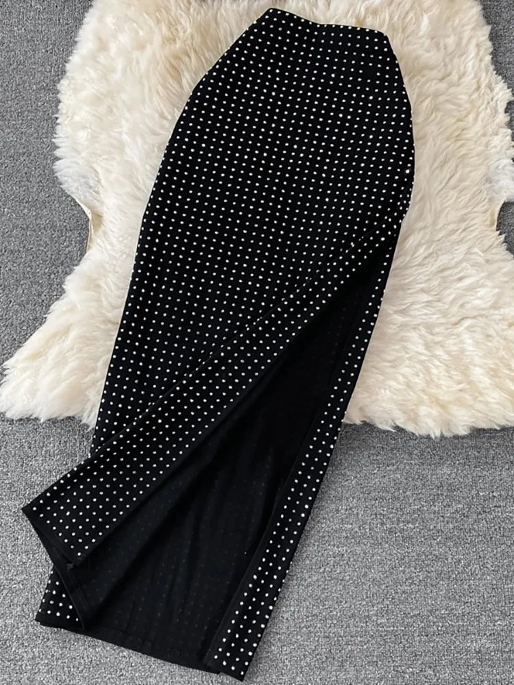 Sexy Black Diamond Two Piece Set Women Sleeveless Crop Top and High Waist Split Skirt Party Clubwear