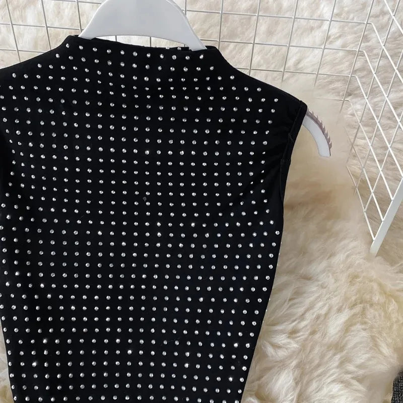 Sexy Black Diamond Two Piece Set Women Sleeveless Crop Top and High Waist Split Skirt Party Clubwear