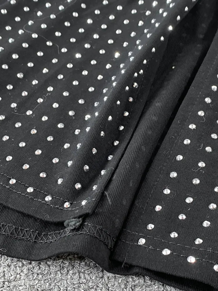 Sexy Black Diamond Two Piece Set Women Sleeveless Crop Top and High Waist Split Skirt Party Clubwear