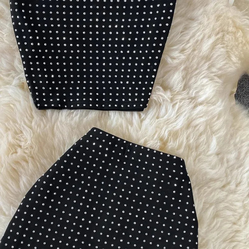 Sexy Black Diamond Two Piece Set Women Sleeveless Crop Top and High Waist Split Skirt Party Clubwear
