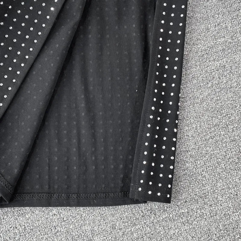 Sexy Black Diamond Two Piece Set Women Sleeveless Crop Top and High Waist Split Skirt Party Clubwear