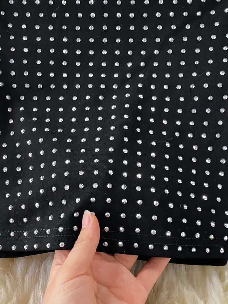 Sexy Black Diamond Two Piece Set Women Sleeveless Crop Top and High Waist Split Skirt Party Clubwear