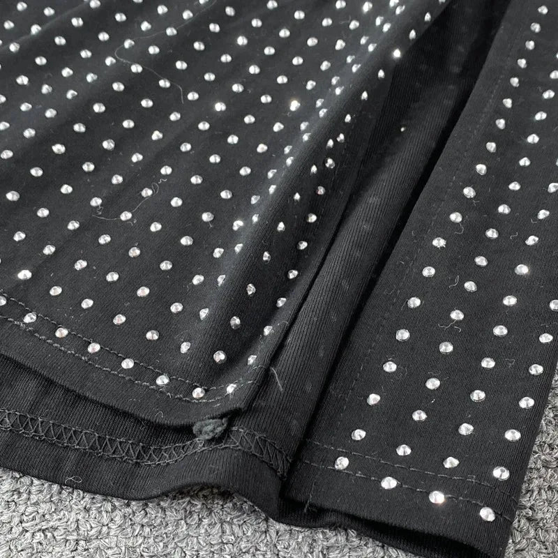 Sexy Black Diamond Two Piece Set Women Sleeveless Crop Top and High Waist Split Skirt Party Clubwear