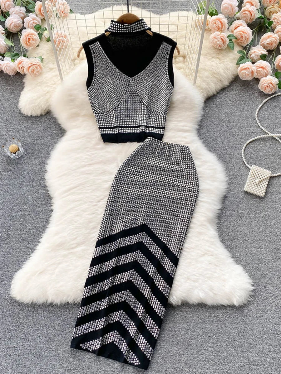 Sexy Summer Women Sequins Two Piece Set Halter Sleeveless Crop Top and High Waist Bodycon Skirt Elegant Party Outfit