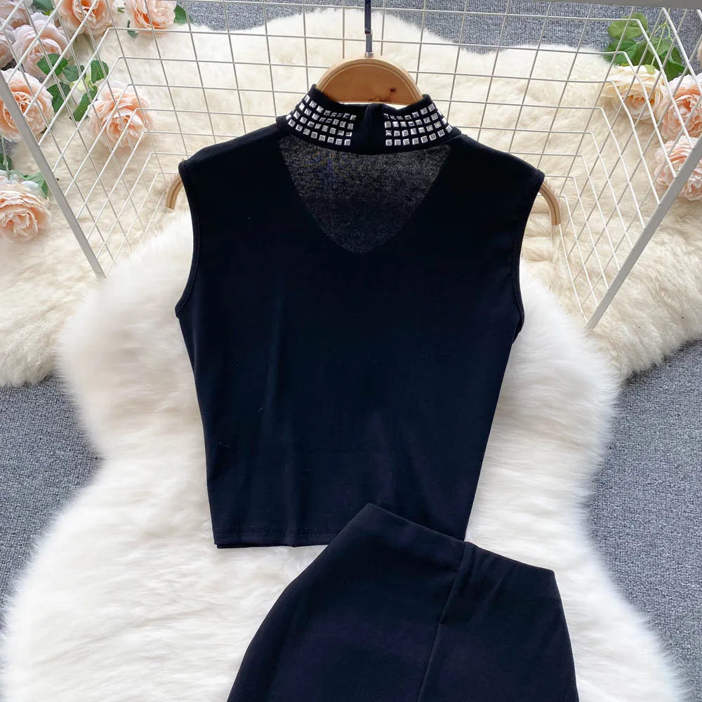 Sexy Summer Women Sequins Two Piece Set Halter Sleeveless Crop Top and High Waist Bodycon Skirt Elegant Party Outfit