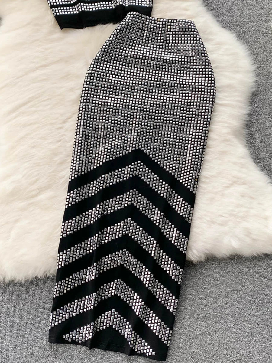 Sexy Summer Women Sequins Two Piece Set Halter Sleeveless Crop Top and High Waist Bodycon Skirt Elegant Party Outfit