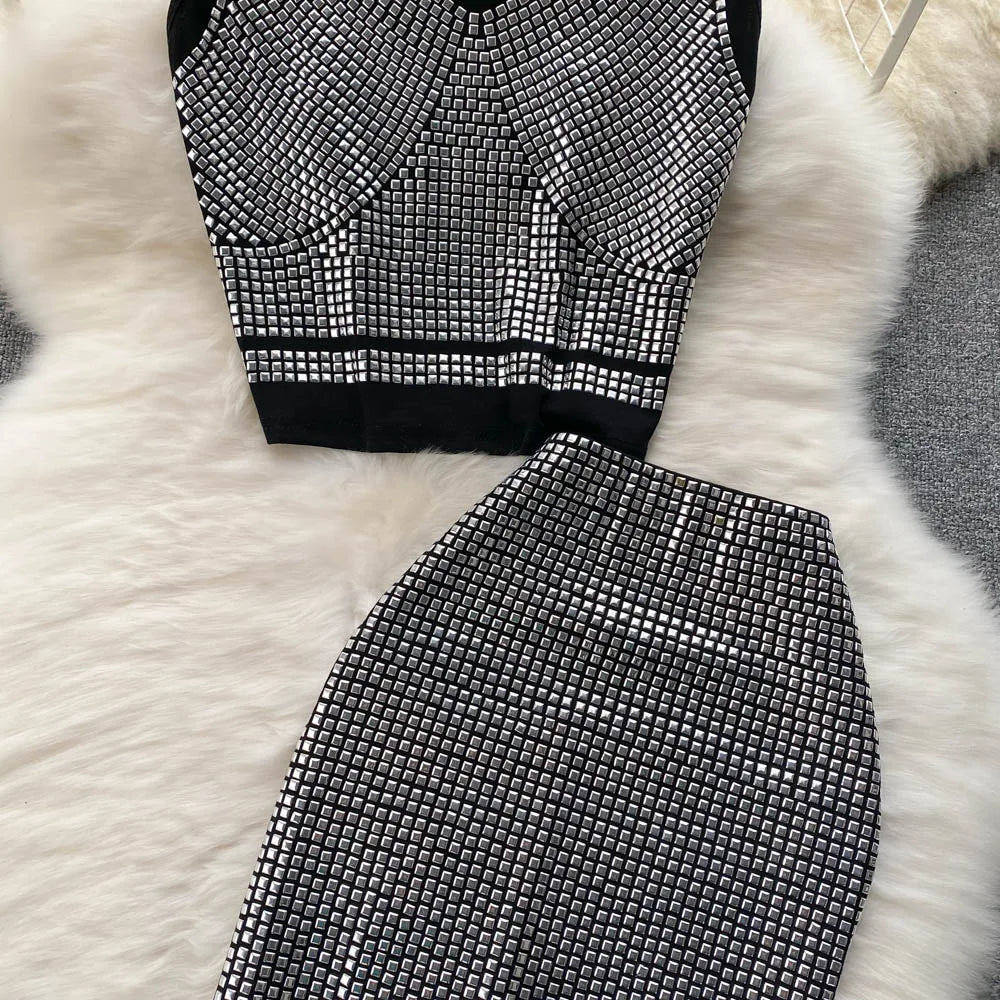 Sexy Summer Women Sequins Two Piece Set Halter Sleeveless Crop Top and High Waist Bodycon Skirt Elegant Party Outfit