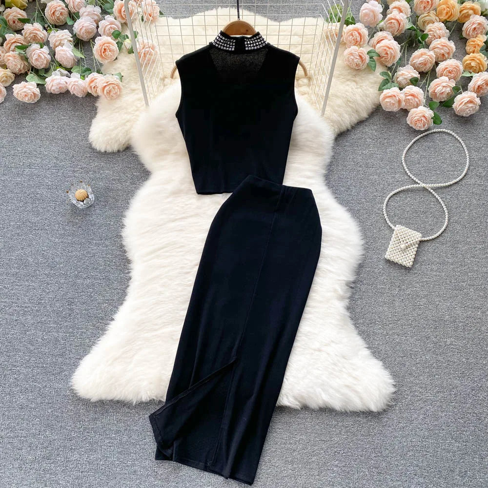 Sexy Summer Women Sequins Two Piece Set Halter Sleeveless Crop Top and High Waist Bodycon Skirt Elegant Party Outfit