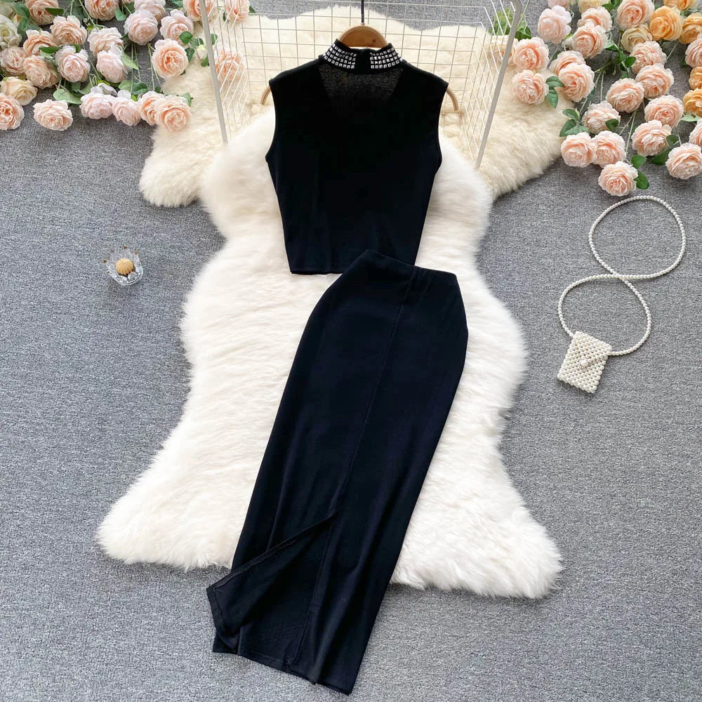 Sexy Summer Women Sequins Two Piece Set Halter Sleeveless Crop Top and High Waist Bodycon Skirt Elegant Party Outfit