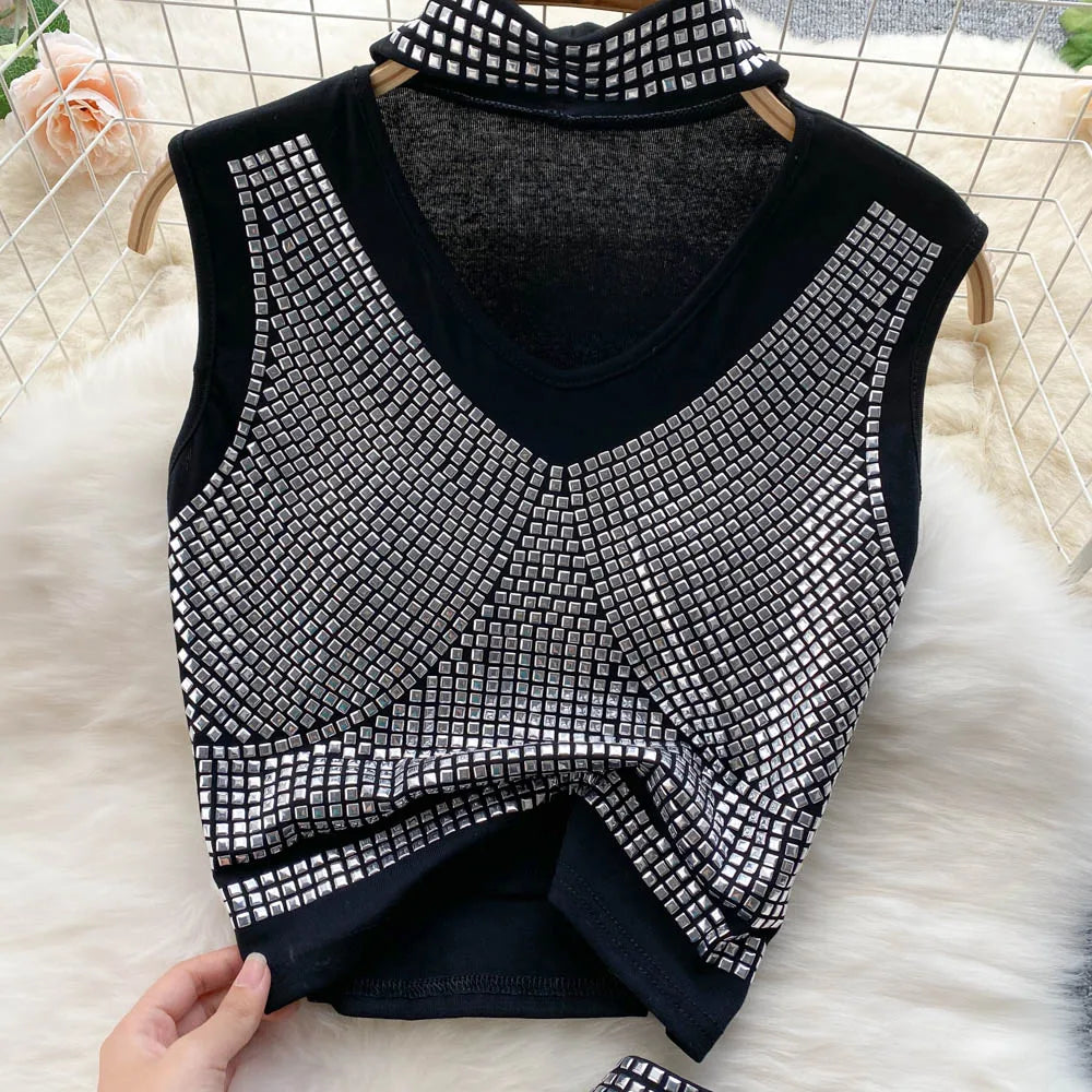 Sexy Summer Women Sequins Two Piece Set Halter Sleeveless Crop Top and High Waist Bodycon Skirt Elegant Party Outfit