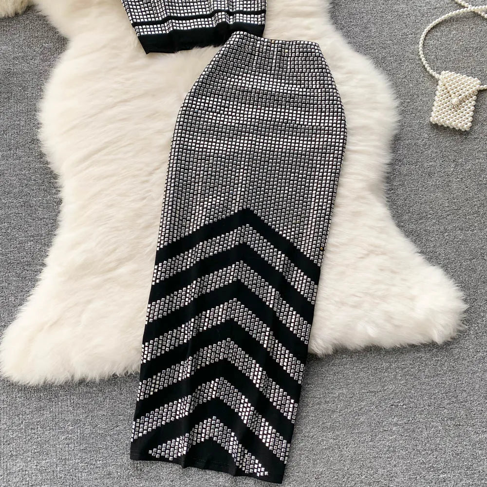 Sexy Summer Women Sequins Two Piece Set Halter Sleeveless Crop Top and High Waist Bodycon Skirt Elegant Party Outfit