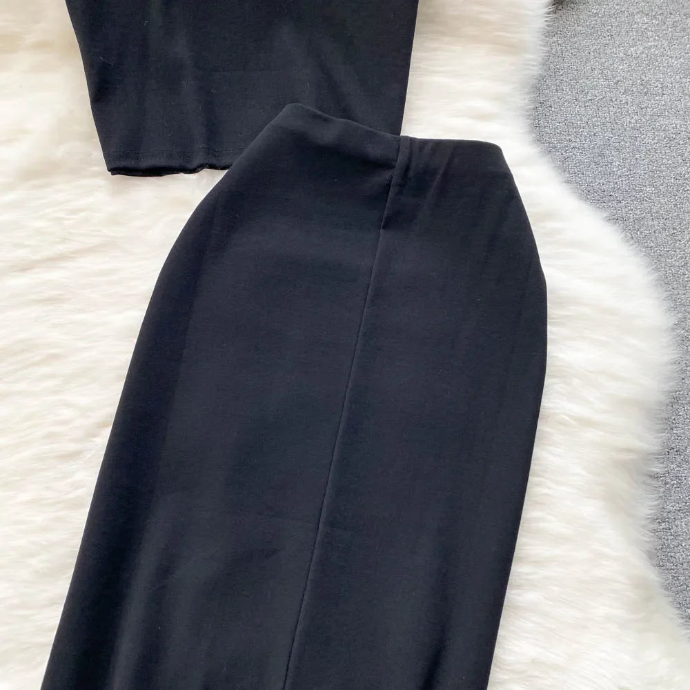 Sexy Summer Women Sequins Two Piece Set Halter Sleeveless Crop Top and High Waist Bodycon Skirt Elegant Party Outfit