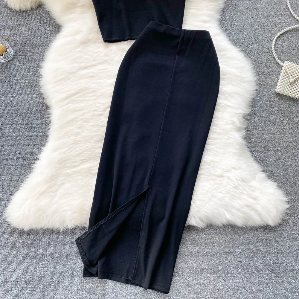 Sexy Summer Women Sequins Two Piece Set Halter Sleeveless Crop Top and High Waist Bodycon Skirt Elegant Party Outfit