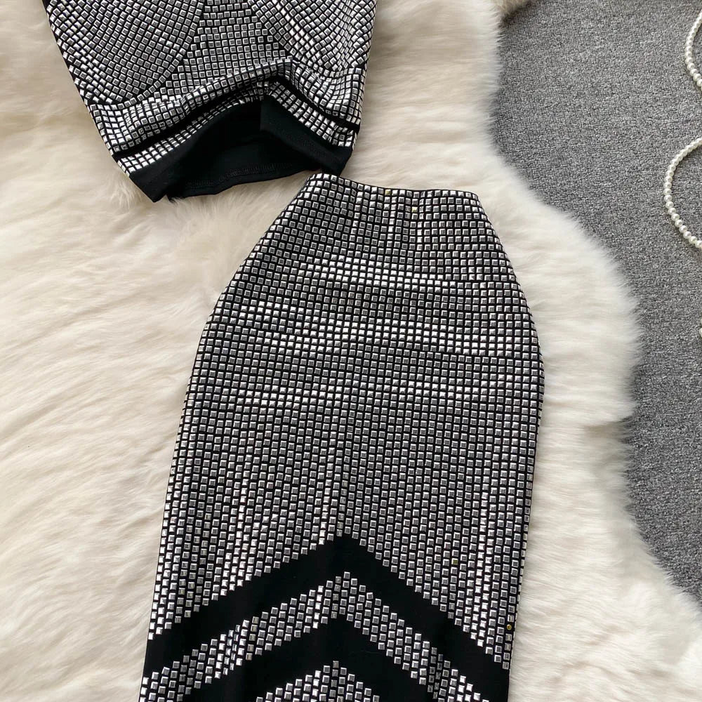 Sexy Summer Women Sequins Two Piece Set Halter Sleeveless Crop Top and High Waist Bodycon Skirt Elegant Party Outfit