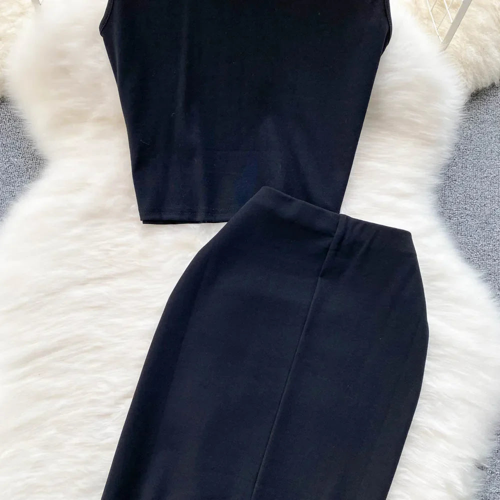 Sexy Summer Women Sequins Two Piece Set Halter Sleeveless Crop Top and High Waist Bodycon Skirt Elegant Party Outfit