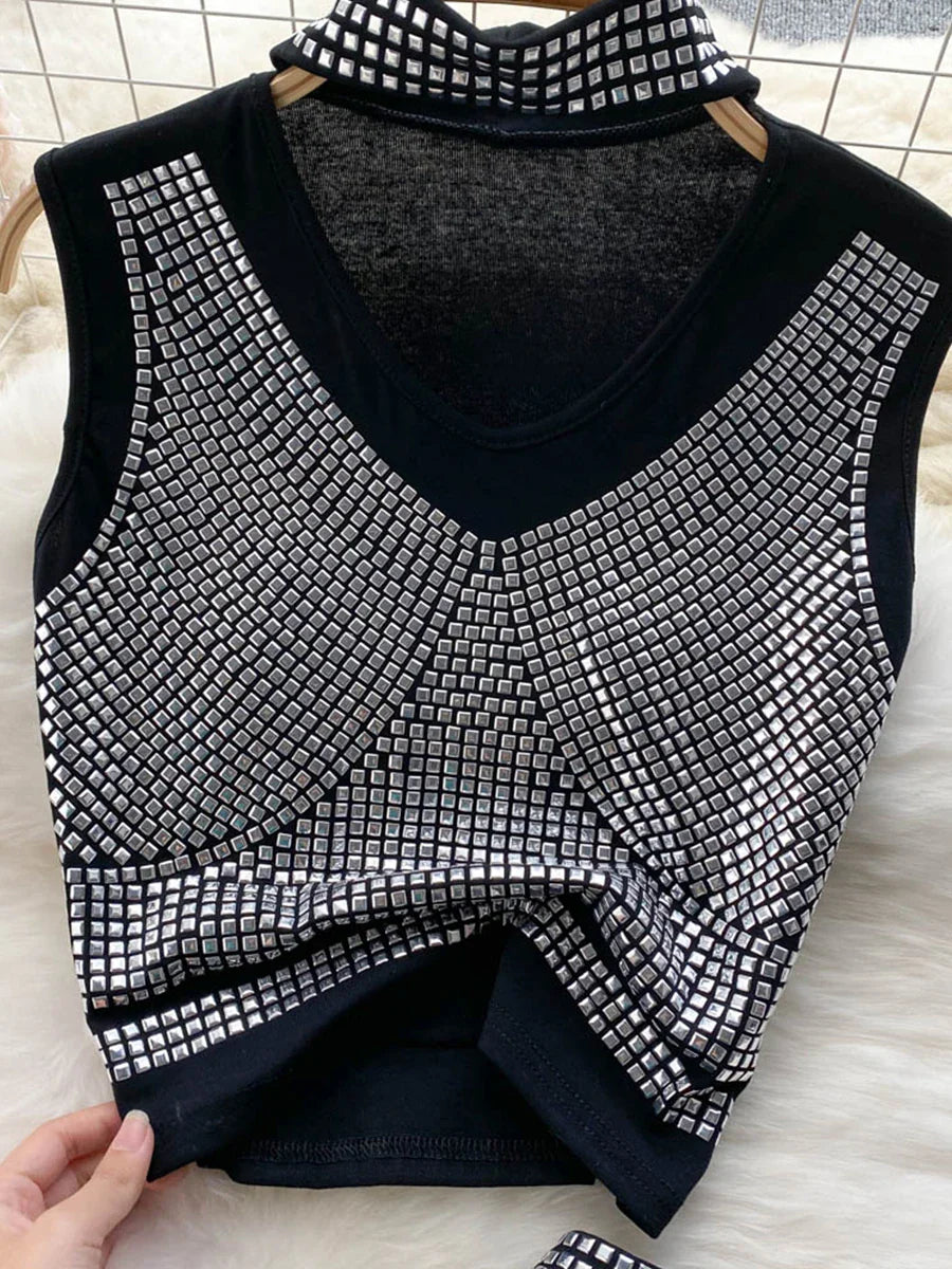 Sexy Summer Women Sequins Two Piece Set Halter Sleeveless Crop Top and High Waist Bodycon Skirt Elegant Party Outfit