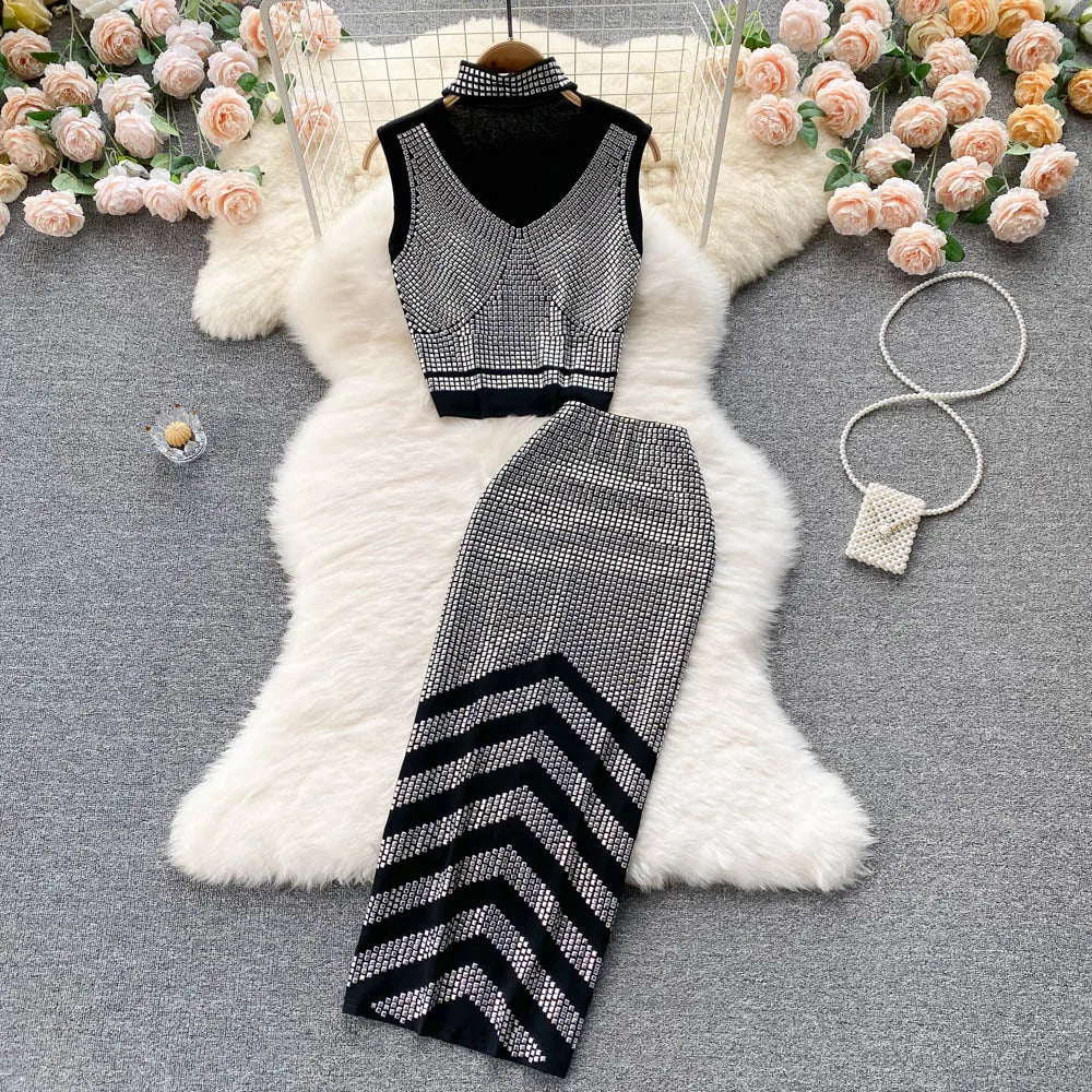 Sexy Summer Women Sequins Two Piece Set Halter Sleeveless Crop Top and High Waist Bodycon Skirt Elegant Party Outfit