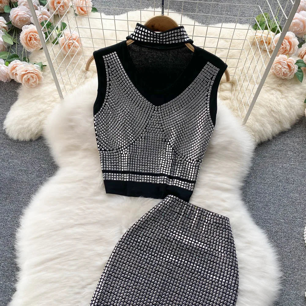 Sexy Summer Women Sequins Two Piece Set Halter Sleeveless Crop Top and High Waist Bodycon Skirt Elegant Party Outfit