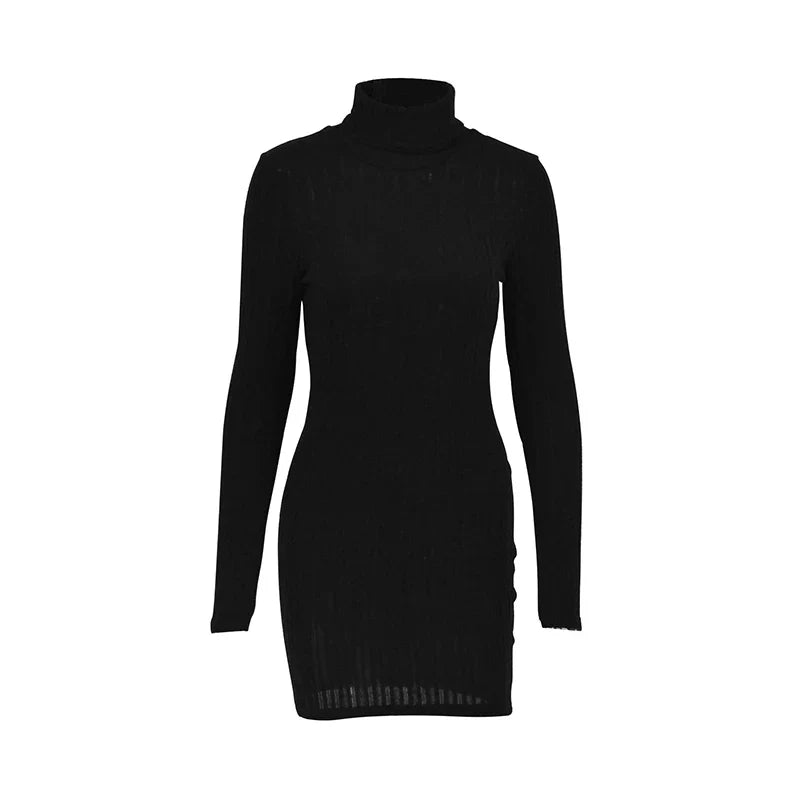 Elegant Solid Bodycon Dress for Women with Long Sleeves and Turtleneck, Perfect for Autumn and Winter Party, Club, and Evening Events