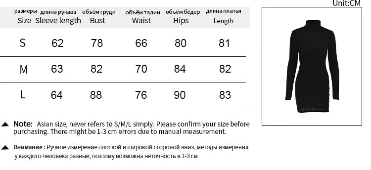 Elegant Solid Bodycon Dress for Women with Long Sleeves and Turtleneck, Perfect for Autumn and Winter Party, Club, and Evening Events