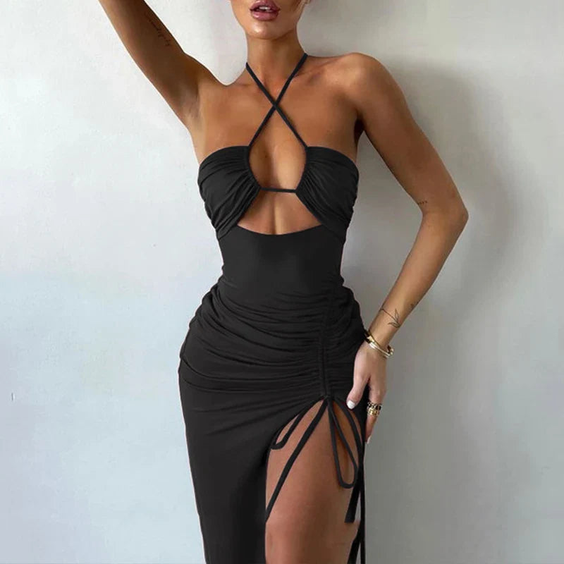 Black Summer Sleeveless Backless Party Dress with Hollow Out Design and Lace-Up Halter Bodycon Fit with Elegant Split Detail