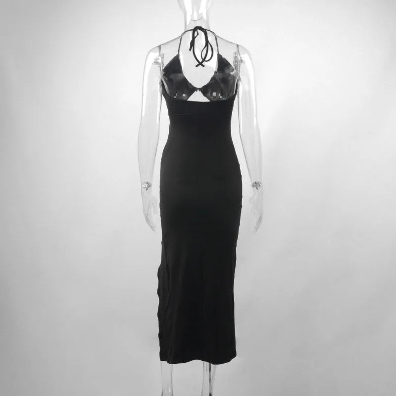 Black Summer Sleeveless Backless Party Dress with Hollow Out Design and Lace-Up Halter Bodycon Fit with Elegant Split Detail