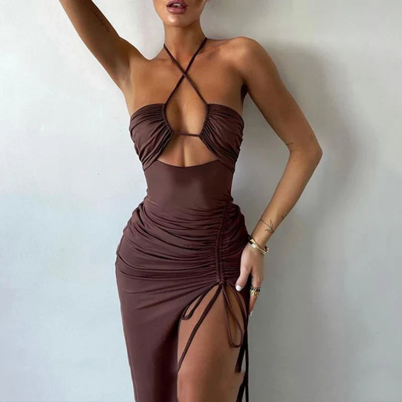 Black Summer Sleeveless Backless Party Dress with Hollow Out Design and Lace-Up Halter Bodycon Fit with Elegant Split Detail