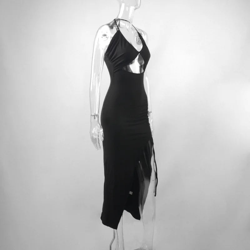 Black Summer Sleeveless Backless Party Dress with Hollow Out Design and Lace-Up Halter Bodycon Fit with Elegant Split Detail