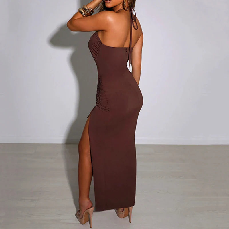 Black Summer Sleeveless Backless Party Dress with Hollow Out Design and Lace-Up Halter Bodycon Fit with Elegant Split Detail