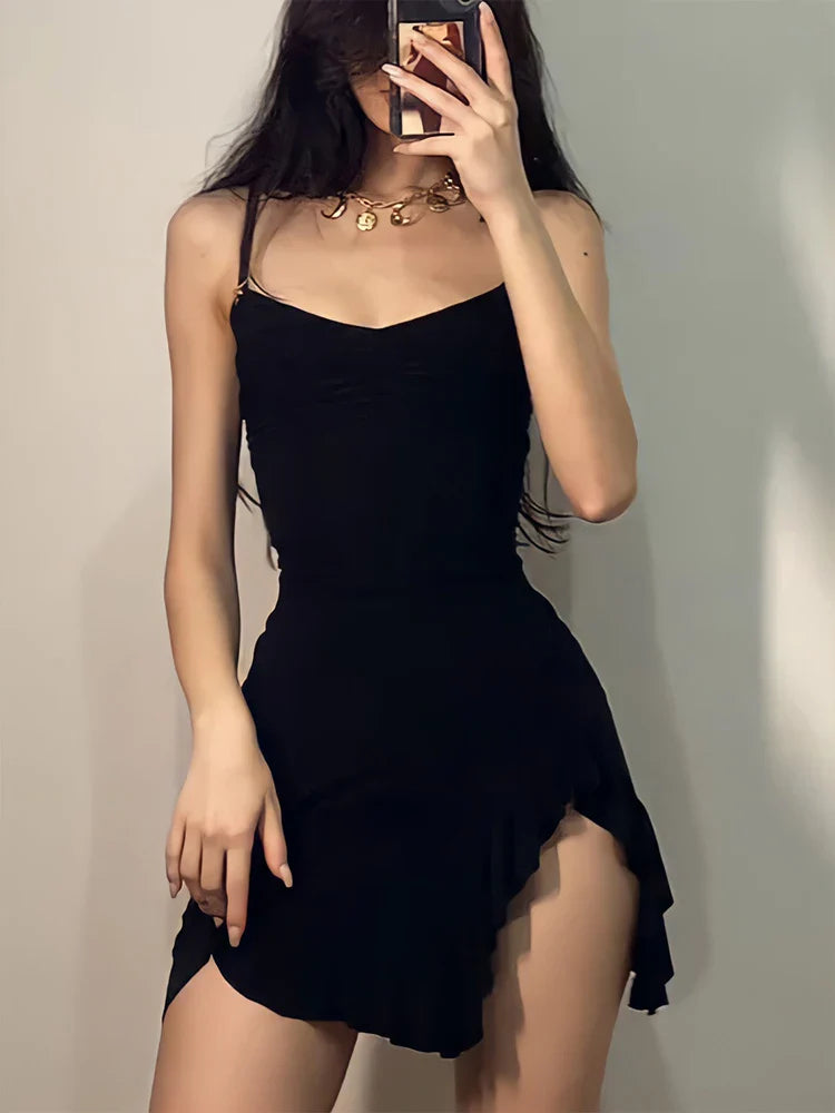 Elegant Black Mini Dress for Women Summer Sleeveless Bodycon Split Dress with Backless Strap and Folds for Party and Streetwear