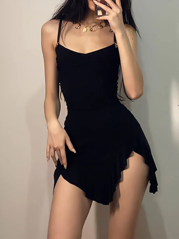 Elegant Black Mini Dress for Women Summer Sleeveless Bodycon Split Dress with Backless Strap and Folds for Party and Streetwear