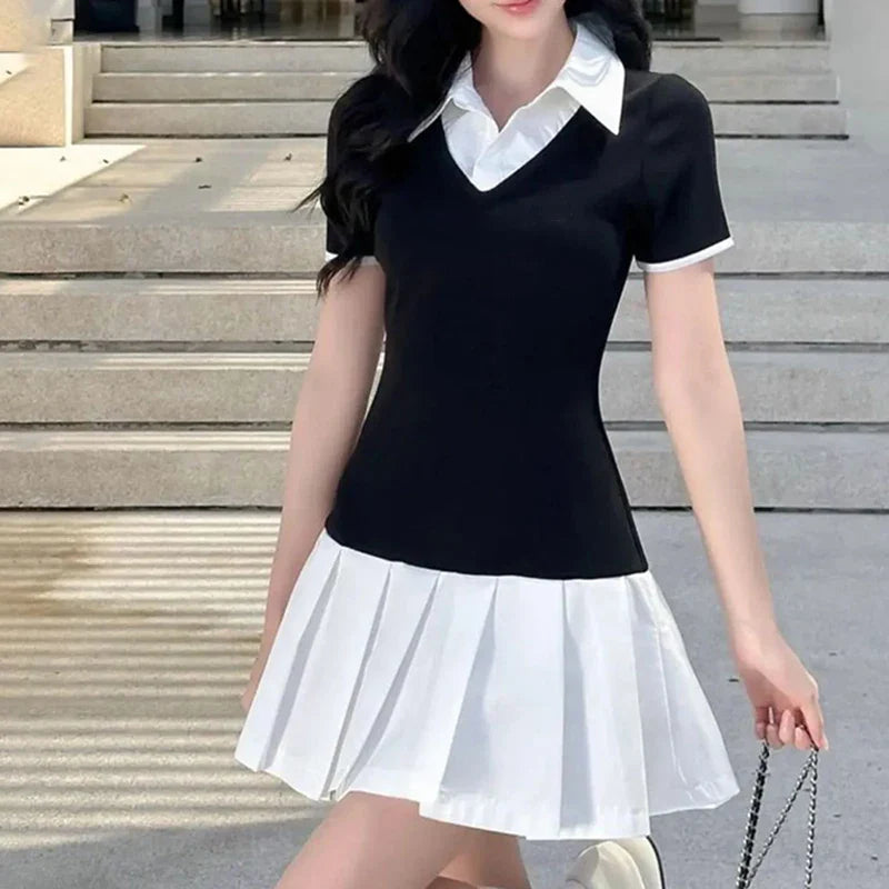 Black Sexy A-Line Dress for Women Summer Patchwork Short Sleeve Casual Elegant Mini Dress for Club and Party