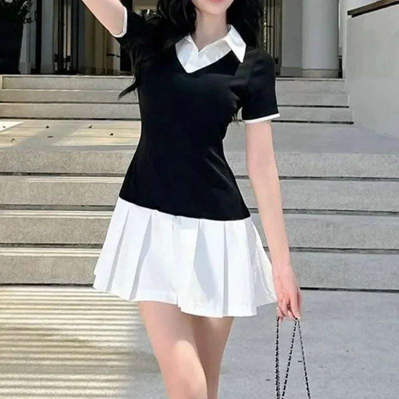 Black Sexy A-Line Dress for Women Summer Patchwork Short Sleeve Casual Elegant Mini Dress for Club and Party