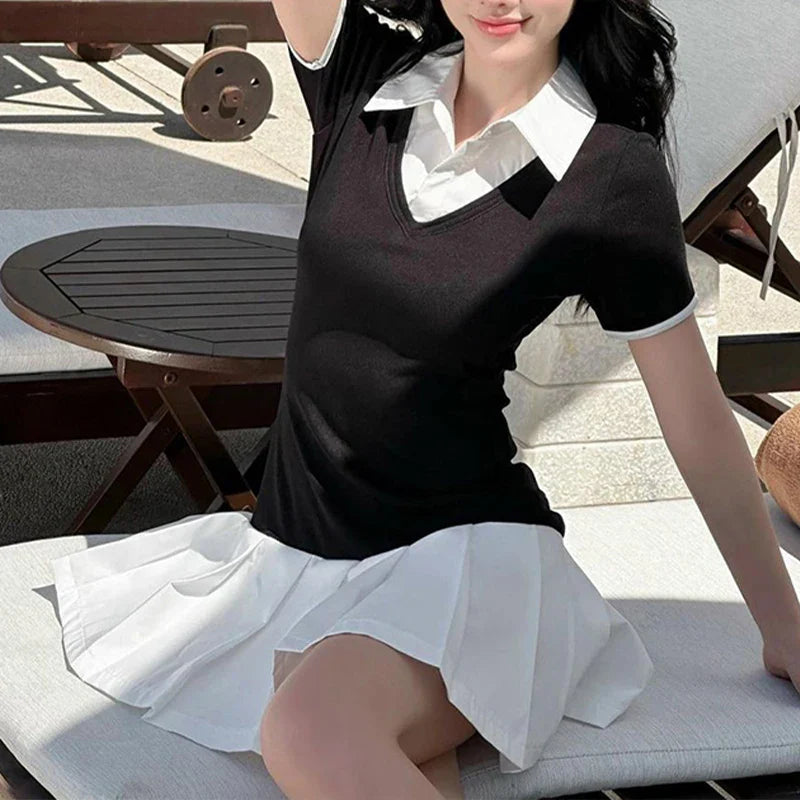 Black Sexy A-Line Dress for Women Summer Patchwork Short Sleeve Casual Elegant Mini Dress for Club and Party
