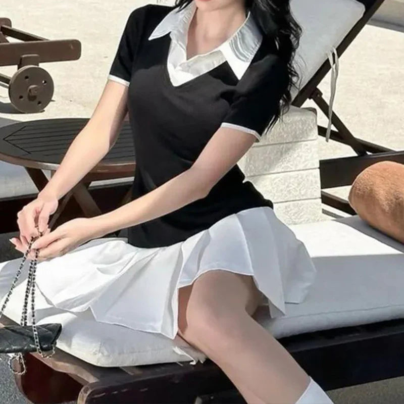 Black Sexy A-Line Dress for Women Summer Patchwork Short Sleeve Casual Elegant Mini Dress for Club and Party