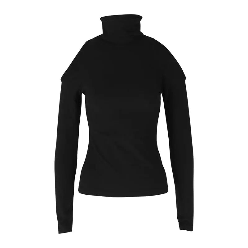 Women's Sexy Off Shoulder Black Turtleneck Long Sleeve Slim Fit Casual Autumn Winter Tee