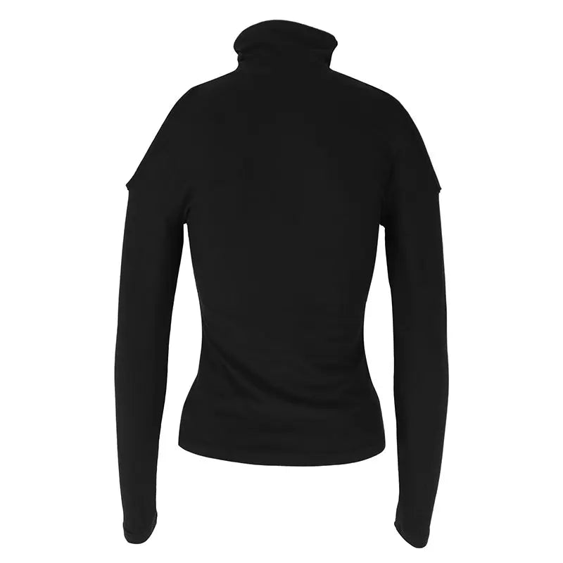 Women's Sexy Off Shoulder Black Turtleneck Long Sleeve Slim Fit Casual Autumn Winter Tee