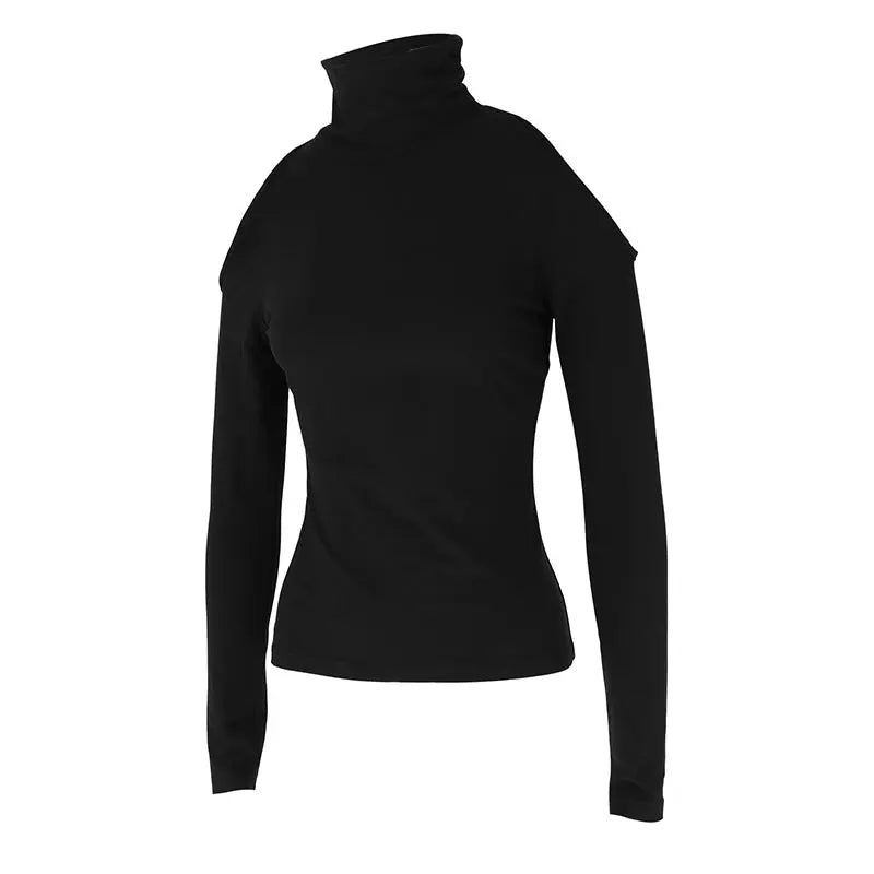 Women's Sexy Off Shoulder Black Turtleneck Long Sleeve Slim Fit Casual Autumn Winter Tee