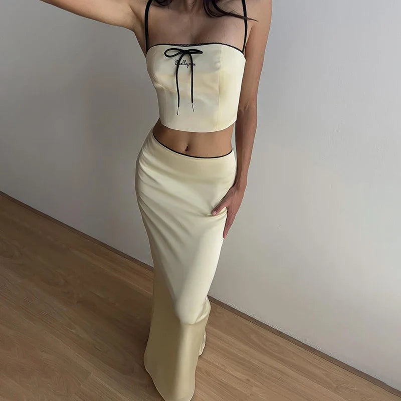 Sexy Sleeveless Camisole Crop Top and High Waist Skirt Two Piece Set for Women Slim Fit Summer Fashion Party Outfit Streetwear