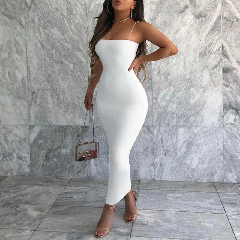 Elegant Black Sleeveless Bodycon Dress for Summer Women's Streetwear Backless Spaghetti Strap Casual Party and Clubwear