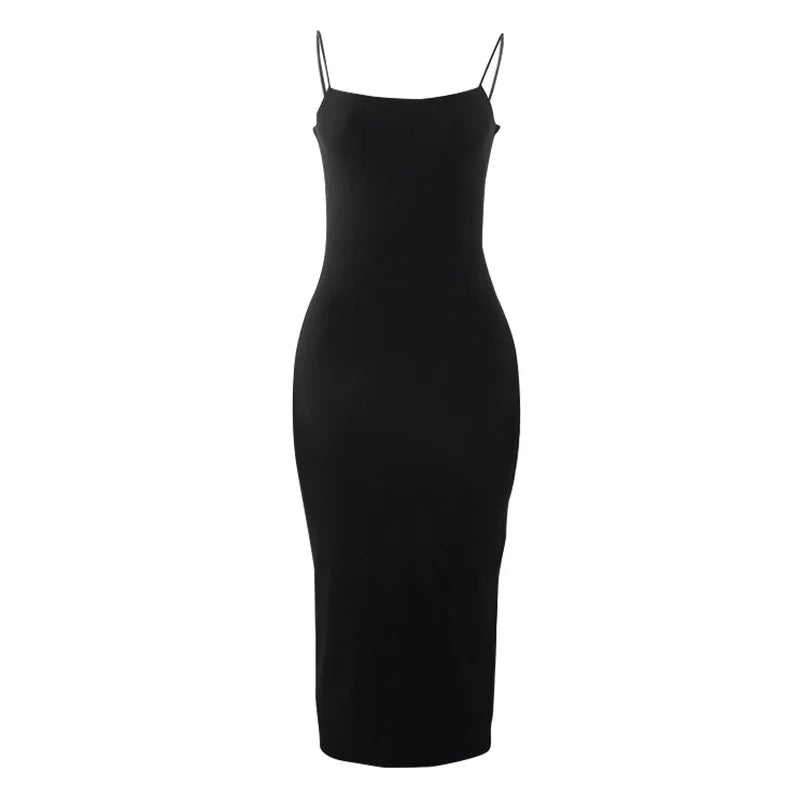 Elegant Black Sleeveless Bodycon Dress for Summer Women's Streetwear Backless Spaghetti Strap Casual Party and Clubwear