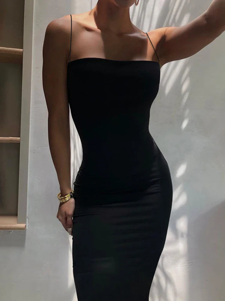 Elegant Black Sleeveless Bodycon Dress for Summer Women's Streetwear Backless Spaghetti Strap Casual Party and Clubwear