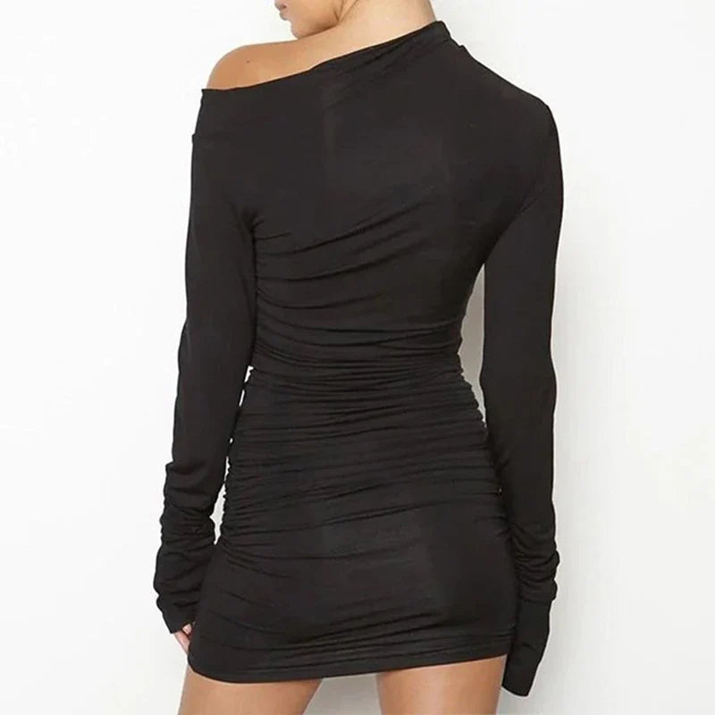 Elegant Black Long Sleeve Dress for Women with Diagonal Collar and Folds for Casual, Club, and Party Wear