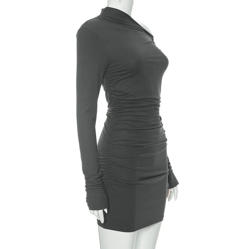 Elegant Black Long Sleeve Dress for Women with Diagonal Collar and Folds for Casual, Club, and Party Wear