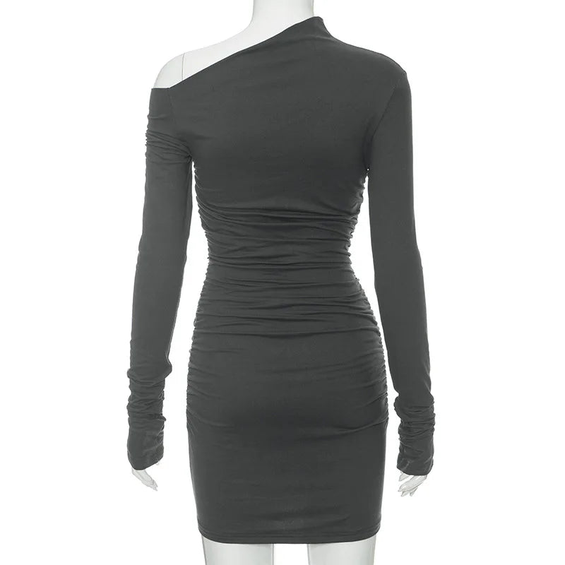 Elegant Black Long Sleeve Dress for Women with Diagonal Collar and Folds for Casual, Club, and Party Wear