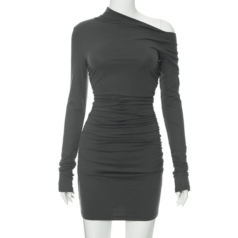 Elegant Black Long Sleeve Dress for Women with Diagonal Collar and Folds for Casual, Club, and Party Wear