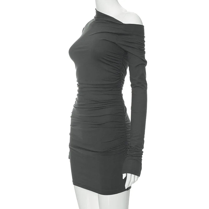 Elegant Black Long Sleeve Dress for Women with Diagonal Collar and Folds for Casual, Club, and Party Wear